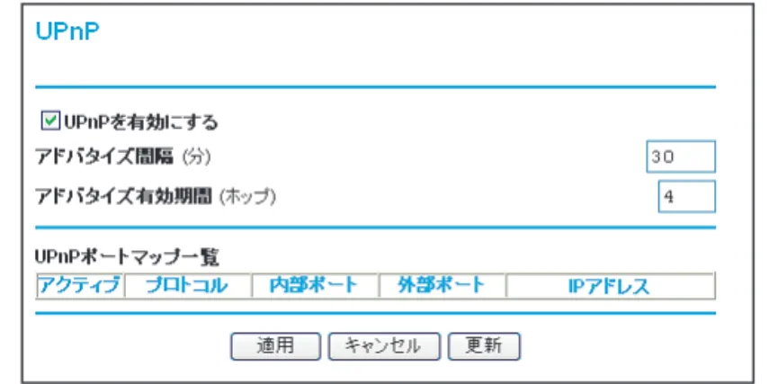 図 7-9:  UPnP 画面 UPnP を有効にする：  UPnP の自動デバイス設定を有効、または無効にします。デフォルトでは無  効に設定されています。無効の場合は、ルータは他のデバイスからルータのリソース（例：ポート 転送（マッピング））を自動コントロールされるのを禁止します。 アドバタイズ間隔：  アドバタイズ間隔は、ルータが UPnP 情報をアドバタイズ（ブロードキャス  ト）する頻度です。この値は、1 から 1440（分）の間で指定してください。デフォルトでは 30 分 に設定されています。間