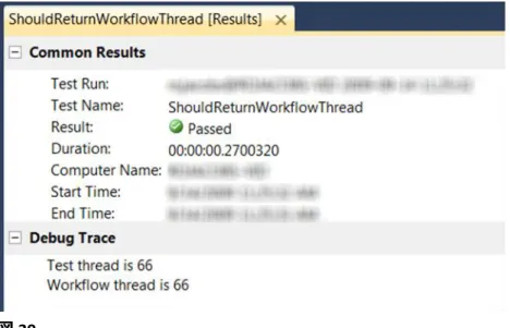 図  39  テスト結果に表示されるデバッグ トレースの出力 タスク  3 –  テストを変更して  WorkflowApplication  を使用する このプロジェクトのテストは適切ですが、問題点が   1  つあります。このテストでは、 返された  WorkflowThread  が  0  でないことは確認されますが、ワークフローが実行さ れている実際のマネージ スレッド  ID  が返されたかどうかは確認されません。ワーク フローが常に  1  を返しても、テストは成功します。 実際のスレッド  