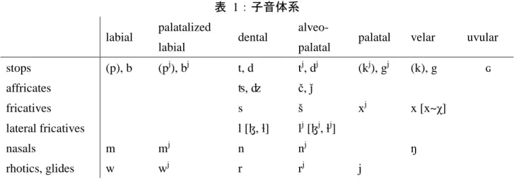 表   1 ：子音体系 labial  palatalized   
