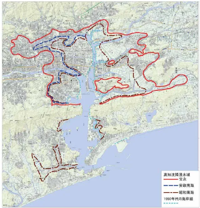 図 6   宝永地震による高知平野の沈降領域（河角， 1956 より作成） 安政南海地震による浦戸湾の東側の沈降によって沈降浸水域は示されていないが、浸水し なかった訳では無い。（注：これは津波が収まった後も浸水し続けた沈降域であって、津波たと推定される。このように、これまで無意識のうちに安政で生じたとほぼ同じ様な地殻変動が、宝永地震の時にも、しかもより大きく現れた、と思い込まれてきたことが、四国西南部や遠州灘沿いでは否定されるのである。従来南海トラフ沿いの地域では、古地震調査で隆起痕跡や砂の堆積痕跡があれ