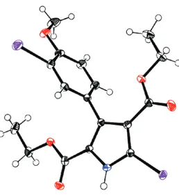 Figure 1. Crystal structure of 3c-I. Thermal ellipsoids represent 50% probability 