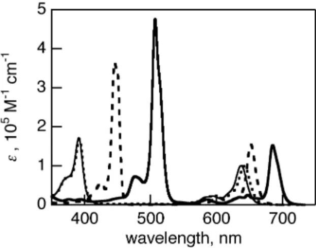 Figure  5.  Absorption  spectra  of  1-Zn  (solid  line),  2-Zn  (dashed  line),  5-Zn  (dotted  broken  line)  and  6-Zn  (bold  solid  line)  in  pyridine