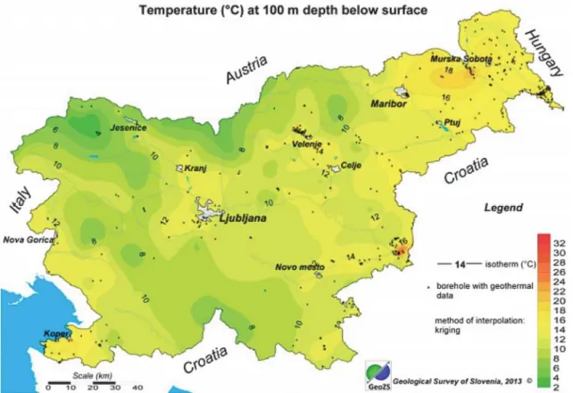 Fig. 8 Temperature distribution at a depth of 100 m below the surface in Slovenia. Source: GeoZS.