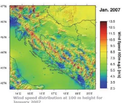 Fig. 6 Map of wind resources at 100 meters above ground level. Source: anemos 2010.
