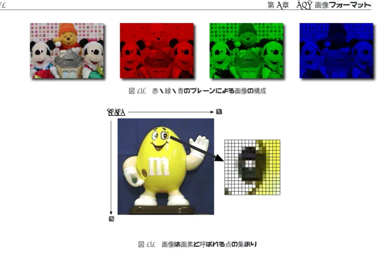 図 2.1 赤・緑・青のプレーンによる画像の構成 ( 0, 0) x y 図 2.2 画像は画素と呼ばれる点の集まり これらの画像フォーマットを圧縮という観点から分類すると , 圧縮系のフォーマットは JPEG, GIF, PNG, 非圧縮系のフォーマットは PPM, BMP となります 