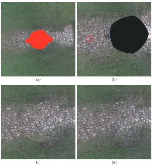 Fig. 11 Comparison of results for the 11th frame: Image (a) is the target image with a missing region; image (b) shows the center of the data region in the 67th frame corresponding to pixel (600,600) of the target image; image (c) is the resultant image pr