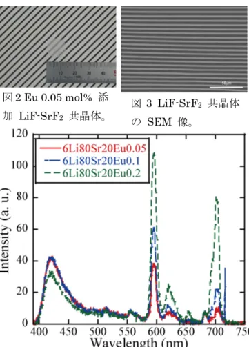 図 2 Eu 0.05 mol%  添 加 LiF-SrF 2 共晶体。 図 3 LiF-SrF 2 共晶体 の SEM 像。  図 4 Eu 0.05、0.1、0.2mol%  添加 LiF-SrF 2 共 晶体シンチレータの 241 Am  α線励起発光スペク トル。 