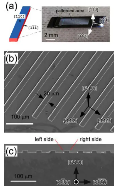 Fig.  3.  (color online). (a) Photograph of a 3D-patterned  Si(110) substrate. (b) Top-view and (c) cross-sectional  SEM images of a patterned area of the 3D Si