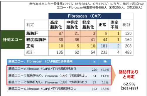 図 3  肝臓エコー診断、Fibroscan（CAP）診断による脂肪肝患者数 