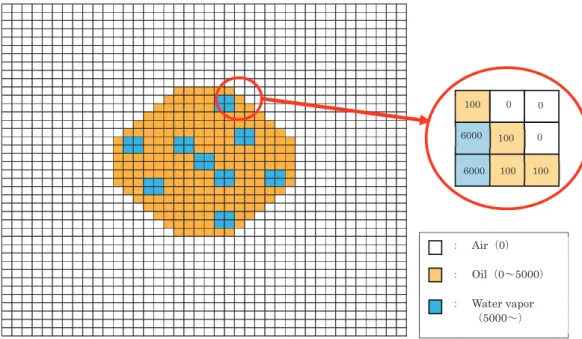 Fig. 2 Modeling of the micro-explosion process by the two dimensional grid and setting  method of numerical grid state