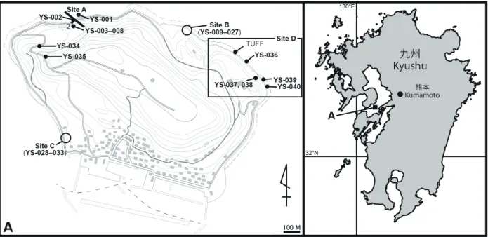 Figure 1. Location of the Yushima Island, Kumamoto Prefecture, Kyushu, Japan (right) and A: sampling sites and sample  numbers for diatom analysis (left).