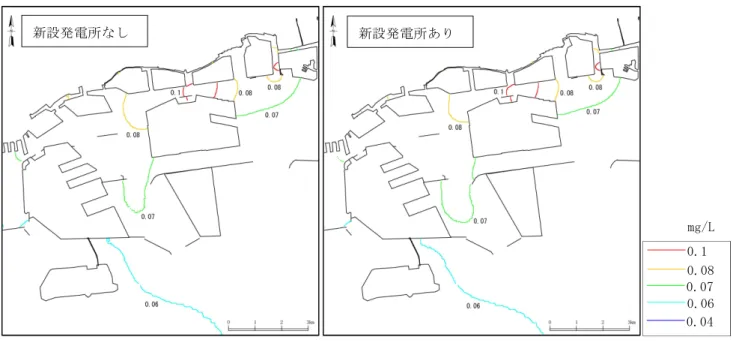 図 7-1(3)  T-Pの予測結果の平面分布（表層）  0.1  0.08 0.07 0.06 0.04 mg/L 新設 発 電所 な し  新設 発 電所 あ り  