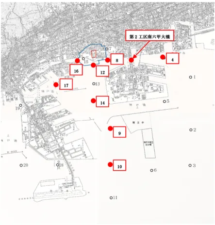 図 7-3  計算結果の比較地点  表 7-2  比較地点の底層DOの予測値  地点   底層 DO（mg/L）   新設 発 電所 な し   新設 発 電所 あ り   差濃 度   （あ り －な し ）   4  2.0  2.1  0.1  8  2.0  2.1  0.1  9  3.1  3.2  0.1  10  3.7  3.7  0.0  12  1.3  1.4  0.1  14  2.7  2.7  0.0  16  1.9  2.0  0.1  17  1.0  1.0  0.0 