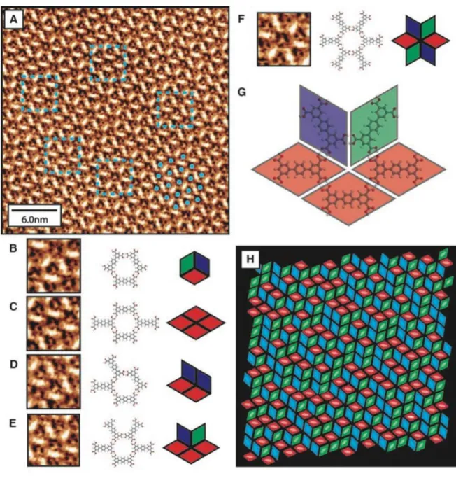 FIG. 6: Random tiling in a two-dimensional molecular network by Blunt et al. 42 . STM images, molecular networks and the corresponding tiling representations
