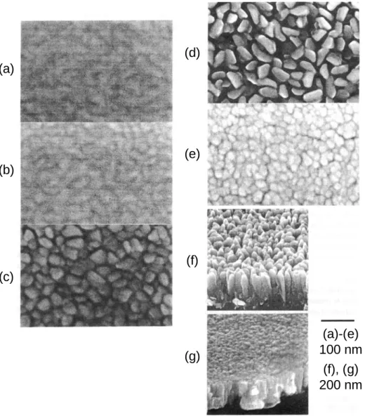 Fig. 2-3 SEM images of surface grain structure for Co-Cr films deposited at room temperature  with Ar gas pressure of (a) 0.2 Pa, (b) 1 Pa, (c) 10Pa, (d) 50 Pa and (e) 100 Pa