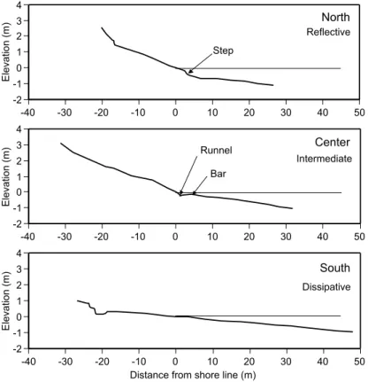 Fig. 3.　Beach profiles at three sampling sites at Doigahama showing the change  of morphodynamic conditions（reflective, intermediate and dissipative）