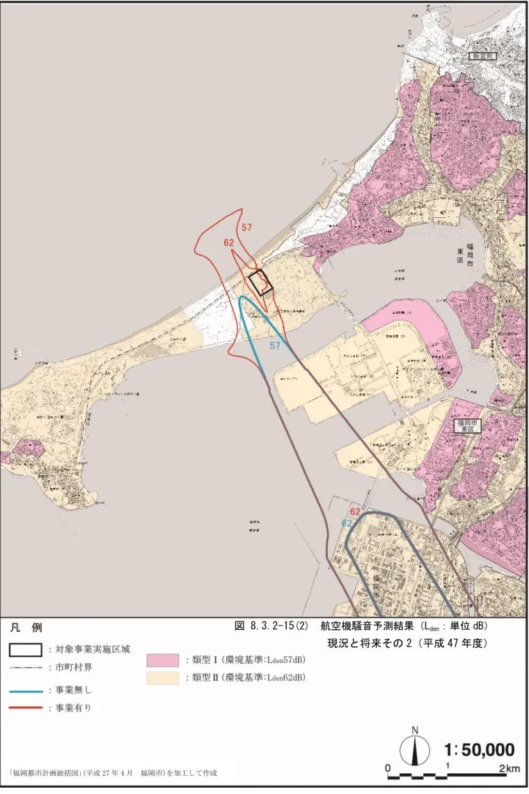 図 8.3.2-15(2)  航空機騒音予測結果（L den ：単位 dB） 