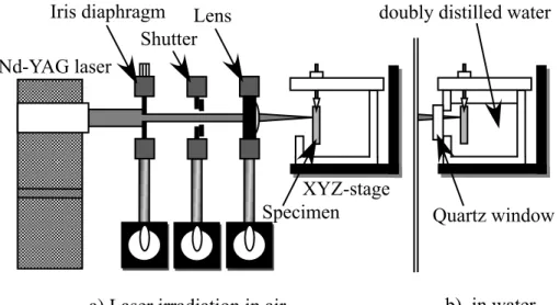 Fig. 1 Schematic models of laser irradiation setup: a) in air and b) doubly distilled water.