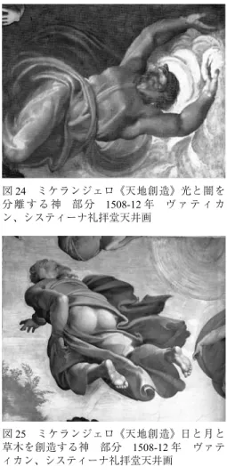 図 22 ミ ケ ラ ン ジ ェ ロ《最 後 の審判》キリストとマリア部分 ヴァティカン、システィーナ礼 拝堂 1533-41 年 祭壇画図24ミケランジェロ《天地創造》光と闇を分 離 す る 神 部 分1508-12年 ヴ ァ テ ィ カン、システィーナ礼拝堂天井画 図 25 ミケランジェロ《天地創造》日と月と 草木を創造する神 部分 1508-12 年 ヴァテ ィカン、システィーナ礼拝堂天井画 図 23 《天地開闢》伊弉諾尊・伊弉冉尊部分 紙、水彩・鉛筆 28.0×45.0 cm ― ４５ ―建築空間と