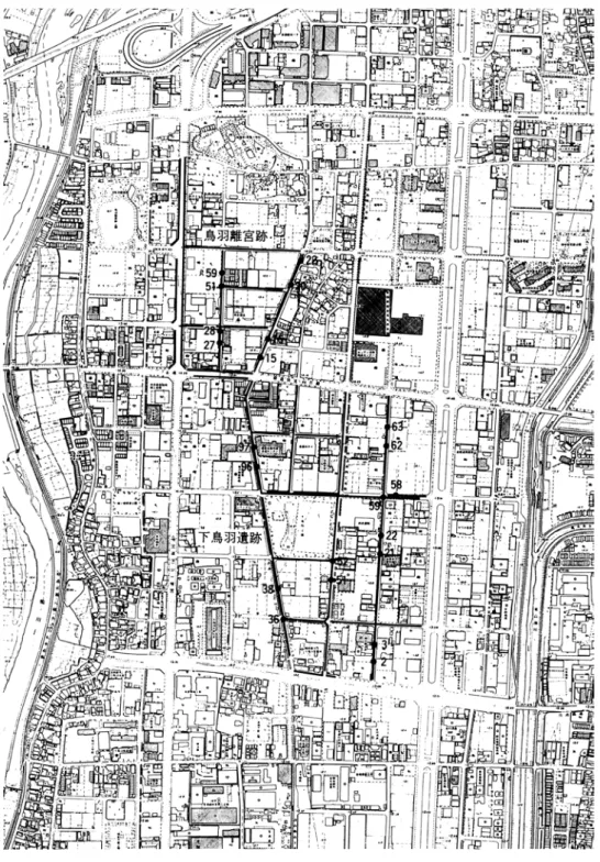 図 139　鳥羽離宮跡・下鳥羽遺跡調査位置図 (1:10000　数字は人孔№ )