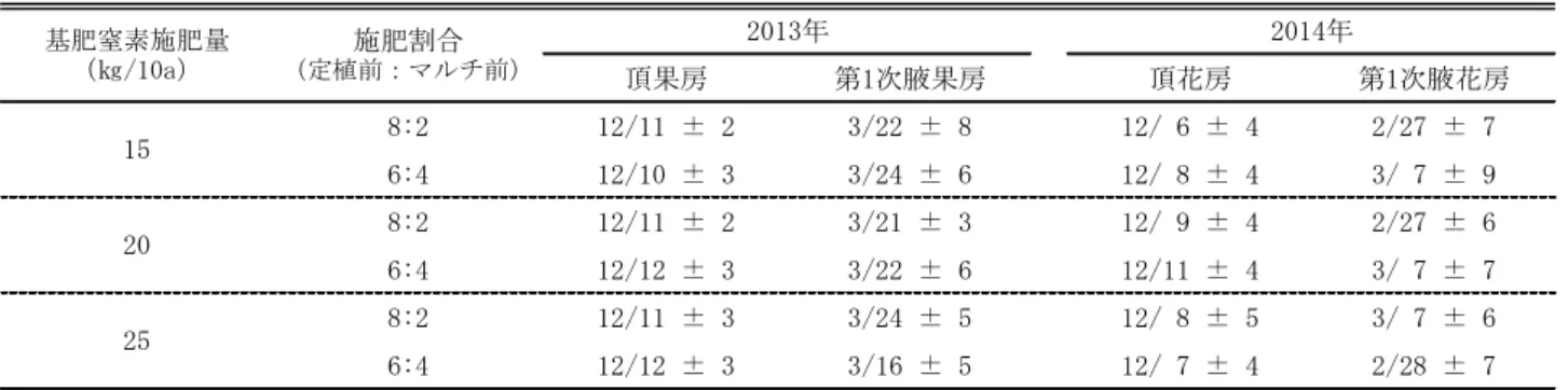 表 26  暗黒低温処理栽培での基肥窒素施肥方法と頂花房の生理障害果発生率  個数比 （％） 重量比（％） 個数比（％） 重量比（％） 個数比（％） 重量比（％） 個数比（％） 重量比（％） 8:2 0.4 0.8 2.1 3.0 1.3 2.1 0.6 0.9 6:4 0.0 0.0 3.4 5.2 0.0 0.0 5.2 6.7 8:2 0.0 0.0 1.7 2.6 0.0 0.0 2.6 3.5 6:4 0.0 0.0 5.0 7.3 0.0 0.0 8.2 9.9 8:2 0.0 0.0 2.3 