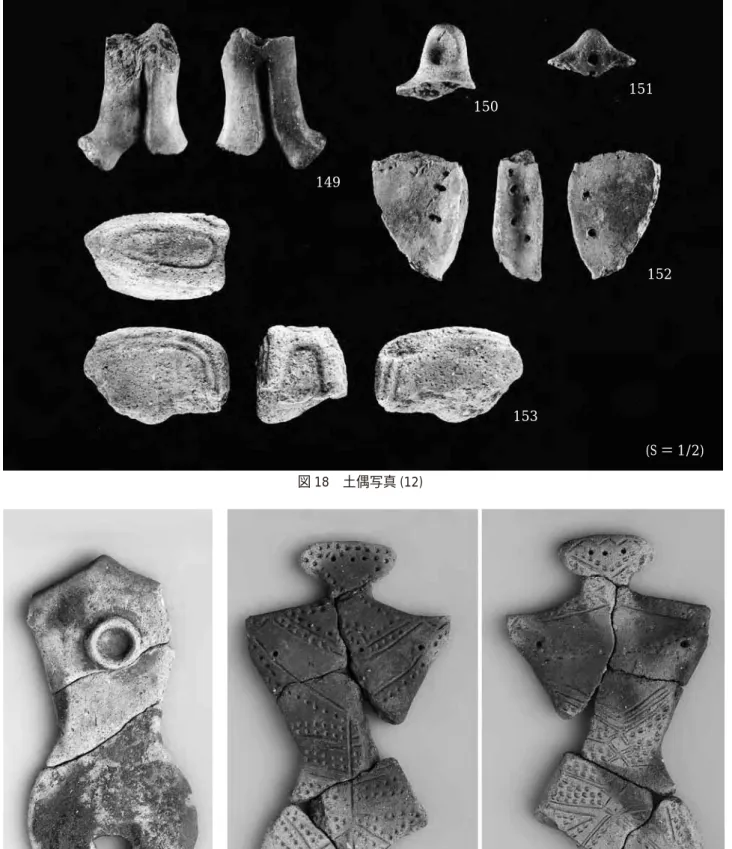 図 19 嘉倉貝塚出土土偶図 18 土偶写真 (12)149 150 151 152153 (S ＝ 1/2)左：SI77 床面直上出土右：SI100 第１層出土 (S ＝ 1/2)