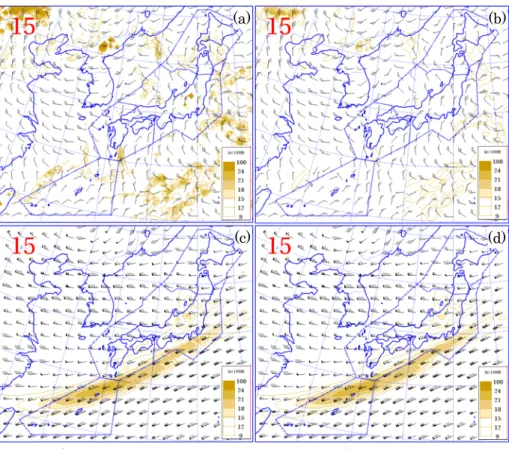 図 3.7.1  新旧手法による鉛直ウィンドシアー（TURB、単位は kt/1000ft）の表現。 2007 年 1 月 29 日 09UTC 初期値の 6 時間予報。 (a)旧手法 FL050、 (b)新手法 FL050、 (c)旧手法 FL310、(d)新手法 FL310  (a) (b)(c) (d) 図 3.7.2  2006 年 6 月～2007 年 5 月の乱気流の予測精度。(a) FL100 以下。 (b)FL300 以上。赤実線は新手法(NEW)、青破線は旧手法(OLD)での検証結果。凡 例