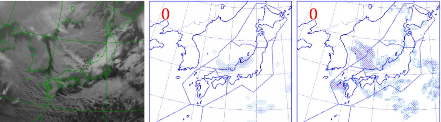 図 6.3.2  2005 年 2 月 1 日 00UTC の赤外画像（左図） 、1 月 31 日 18UTC 初期値の 6 時間予報の現積乱雲量（中図） と新手法による積乱雲量（右図） 。積乱雲量が 2/8 以上の領域を表示してある。  乱雲域の面積は現積乱雲域の約1.2倍とやや大きくな った（図は省略） 。面積の違いは冬型降雪時に特に顕 著である。現手法では降水量が少ない冬型降雪雲は 積乱雲と判別されにくいが、新手法では持ち上げ凝 結高度における気塊の温度によって判別条件を変え ているため、積乱雲と判別