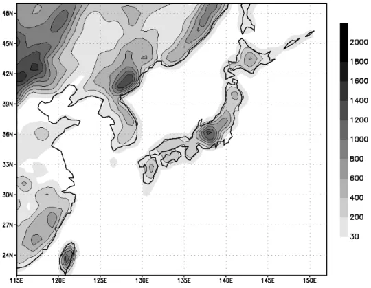 図 7.2.2  図 7.2.1 と同じ。ただし、GSM（TL319）の地形標高。