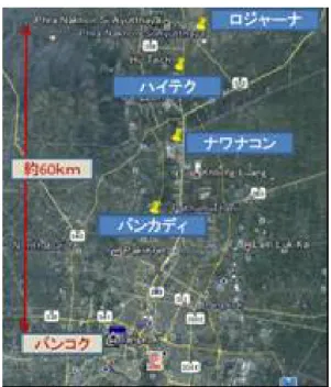 図 2  4 工業団地位置図 9 2.2.   洪水防止堤防現地確認にもとづく考察  2.2.1. 堤防仕様  ハイテク、ロジャーナ、ナワナコンおよびバンカディ工業団地に建設された洪水防止堤防の仕様や 2011 年 の洪水位との余裕高を表   2 にまとめる。堤防の高さを 2011 年の洪水位と比較した余裕高は、最も低いナワ ナコン東側でも＋40cm、ロジャーナでは+1m で建設されており、 2011 年の洪水位に対しては安全な高さを確 保している。堤防構造に関しても、ロジャーナ、ナワナコンで採用された P