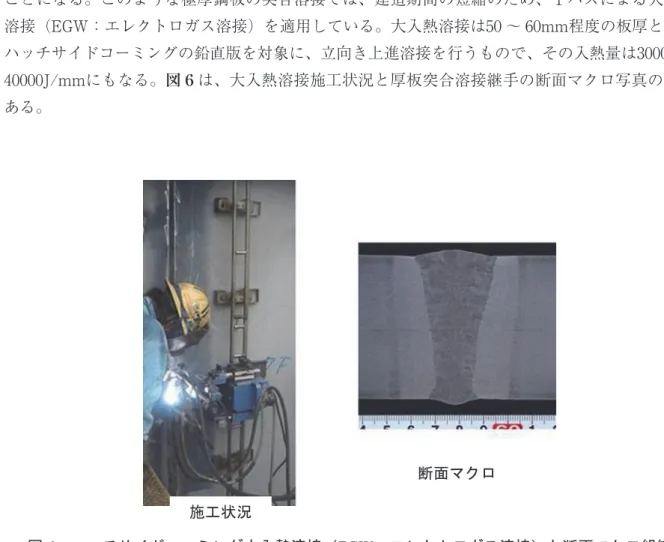図 6 　ハッチサイドコーミング大入熱溶接（ EGW ：エレクトロガス溶接）と断面マクロ組織