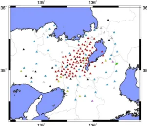 Fig.  1  Station  distribution  around  the  northern  Kinki  district.  Red  triangles  are  temporal  stations  by  this  study