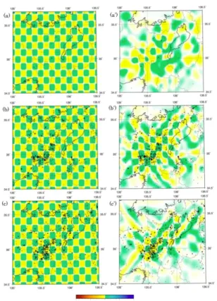 Fig.  5  Results  of  the  checkerboard  resolution  tests  of 0.1 x 0.1 degree grid interval for P wave on three  representative  depth  layers;  (a)  1km,  (b)  7km,  (c)  13km Left side panels are true checker model, right  side panels are recovered mod