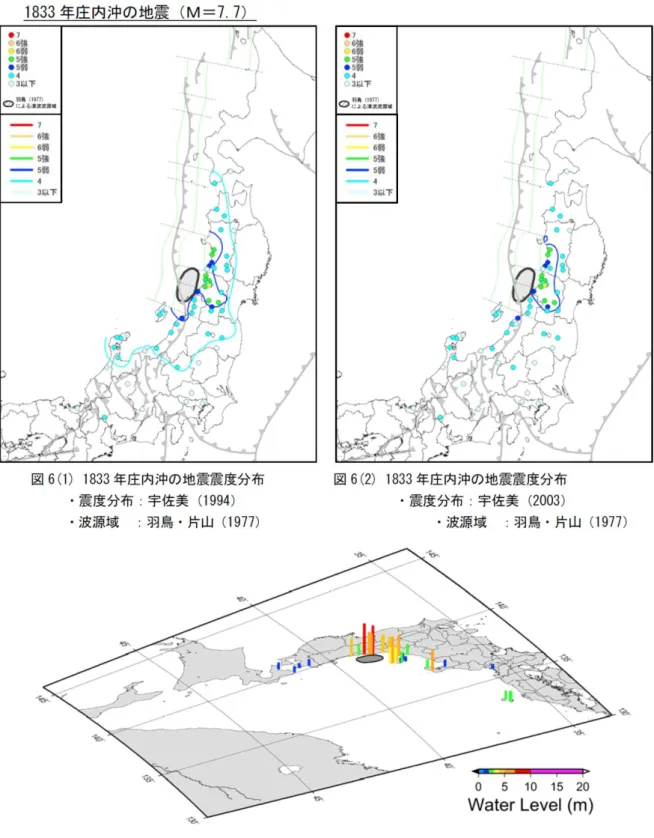 図 Ⅰ.1-d  1833 年庄内沖地震における既往地震の震度分布(1,2)と津波高さ分布(3)（日本 海における大規模地震に関する調査検討会報告書、2014 から抜粋） 