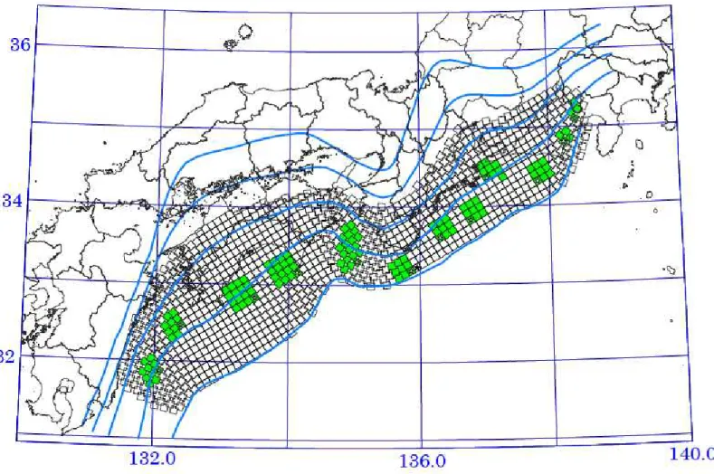図 3.2-3  南海トラフの巨大地震モデル検討会によるフィリピン海プレートのモデル（等深度コンター；10km 間隔）と強震断層モデル（内