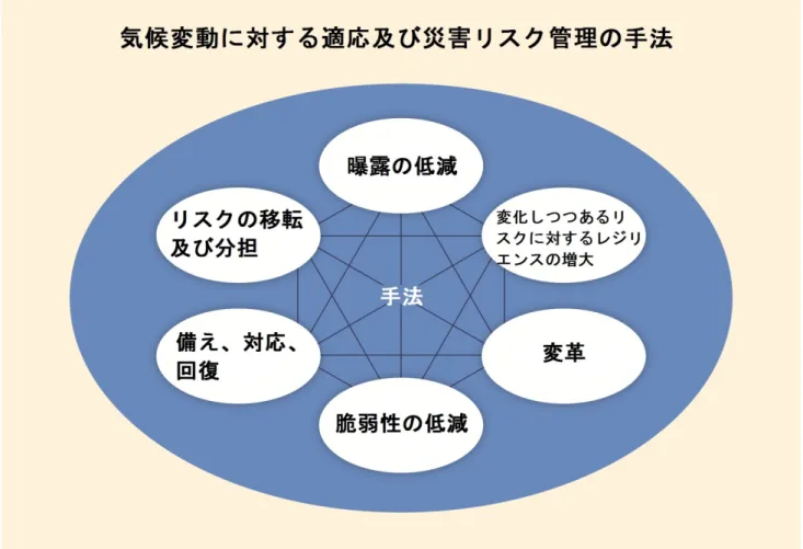 図 SPM.2 |  気候が変化する中での災害リスク低減及び管理のための適応と災害リスク管理の手法。 本報告書は、気候の極端現象と災 害のリスクを低減し、それらが時間の経過とともに変化するにつれ残存するリスクに対してレジリエンスを増すことができるような、広範 にわたる相互補完的な適応及び災害リスク管理の手法を評価する。これらの手法は重複することもありうるし、同時に取り組まれることも ありうる。 [6.5,  図 6-3, 8.6]  本報告書は、気候科学、気候影響、気候変動への適応、及び災害リスク管理につい