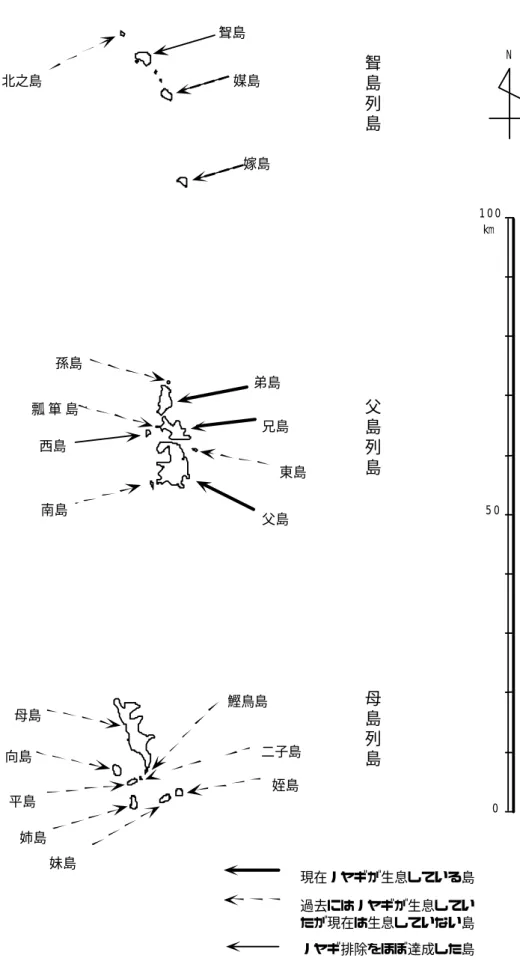 図 3-10  小笠原諸島におけるノヤギの分布状況  聟島列島北之島父島列島弟島孫島兄島瓢 箪 島父島東島南島母島列島母島姉島向島姪島平島二子島鰹鳥島妹島 現在ノヤギが生息している島過去にはノヤギが生息していたが現在は生息していない島 N100 km500ノヤギ排除をほぼ達成した島西島聟島媒島嫁島