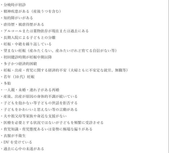 表 3 医療機関からの情報提供の対象となりうる保護者の例 ・分娩時が初診 ・精神疾患がある（産後うつを含む） ・知的障がいがある ・虐待歴・被虐待歴がある ・アルコールまたは薬物依存が現在または過去にある ・⻑期⼊院による⼦どもとの分離 ・妊娠・中絶を繰り返している ・望まない妊娠（産みたくない、産みたいけれど育てる⾃信がない等） ・初回健診時期が妊娠中期以降 ・多⼦かつ経済的困窮 ・妊娠・出産・育児に関する経済的不安（夫婦ともに不安定な就労、無職等） ・若年（10 代）妊娠 ・多胎 ・⼀⼈親・未婚・連れ⼦