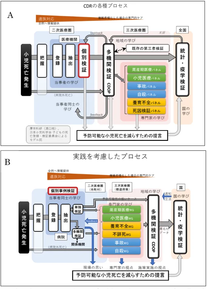 図 4：先行研究で示された CDR プロセスモデル（A）と、群馬県における R3 年度より整備予定 の CDR プロセスモデル（B） 