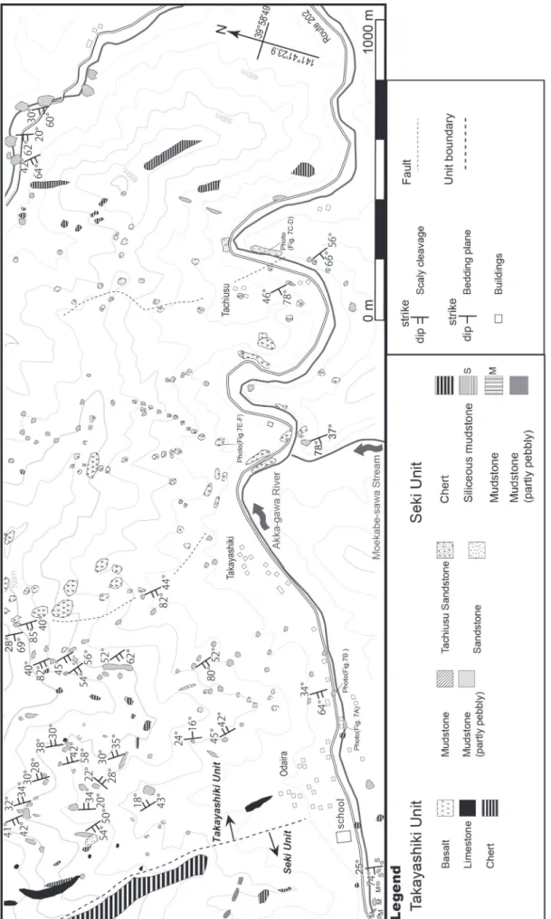 Fig. 5. Route map of the Tachiusu–Takayashiki area showing the locations of outcrops of the Takayashiki Unit.