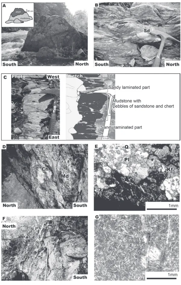 Fig.  7 . Photographs of the Takayashiki Unit. A: Outcrop of pebbly mudstone in the Takayashiki–Odaira area