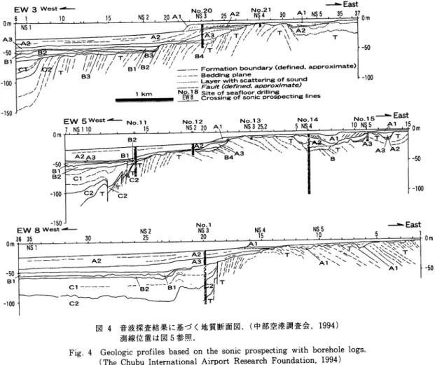 Fig.  4  Geologic  profiles  based  on  the  sonic  prospecting  with  borehole  logs.