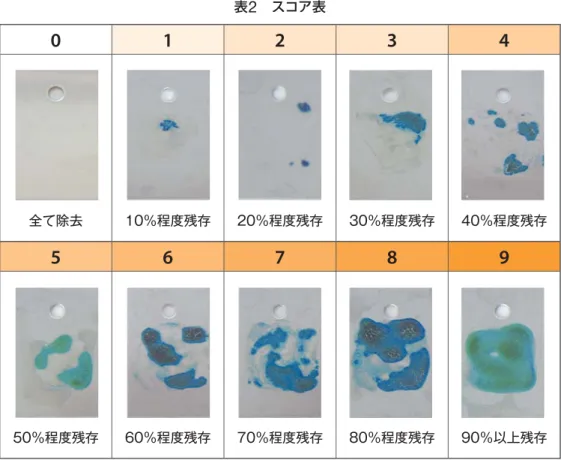 表 2  スコア表4 - 1 - 2．レバー汚染液を用いた洗浄力試験＜方法＞  市 販されている牛 生レバーに半 重 量 の 蒸 留 水を加え、ホモジナイズしたものをレバー 汚 染 液としました 。ここで 使 用したレバ ー 汚 染 液 は 、タン パク質 、糖 質 および 脂 質 から成る複合汚れであり、医療器具の洗浄剤を評価するのに非常に適しています1）。この汚染液1 0 0μLをステンレススチー ルテストピース（S U S 3 0 4）（5 0 m m×3 0 m m×0 