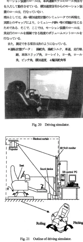 Fig.  214.1試験 装 置(ドラ イ ビ ン グ シ ミ ュ レー タ)の 概 要本 研 究 に用 い た ドライ ビン グ シ ミュ レー タ(バ ー チ ャル メ カニ ク ス製 をベ ー ス に して い る)の 概 要 を 以 下 に示 す(Fig.20,Fig.21).ドライ ビ ン グ シ ミュ レー タの 車 両モ デル と して,2項の シミュ レー シ ョンモ デ ル と同様 に,メ カ ニカ ル シ ミュ レー シ ョンコー ポ レー シ ョ ン(MSC社:USA)の(圃mとい 