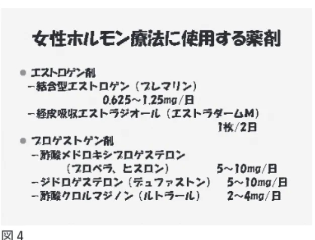 図 4 間はプロベラ ® （2.5mg）を 1 日 2 〜 4 錠服用します。内服終了後消退出血が数日間みられます。（内服薬の 種類、量および日数にはこれ以外の方法もあります。） 使用できる薬剤には様々なものがありますが、よく用いられるプレマリン®は、消化器症状が少ないため使いやすく、プロベラ®、ヒスロン®は黄体ホルモン作用が強く男性ホルモン作用を持っていない ため脂質代謝への影響が少ないのが特徴です（図 4）。 投与経路としては、経口投与が主ですが、近年エストロゲンの貼付剤も用いられます。黄体ホルモンの併