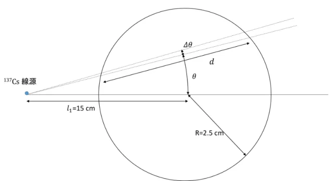 図 6.9: 標的内でのガンマ線の広がりの側面図。大きな黒丸が標的の NaI 結晶である。線 源から見て ∆θ の角度の幅に γ 線が入射するときのルミノシティを θ について積分する。