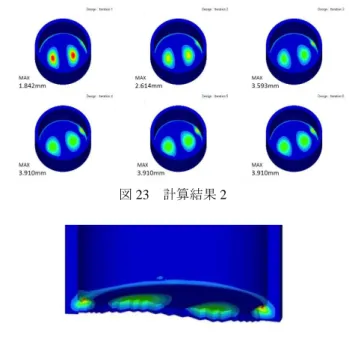 図 23  計算結果 2  図 24  最終形状の断面図 2  1 次モードの時と同様に，モードの腹と，円周の一部で変 形が大きくなった．質量は 20.2g 増加し 468.4g に，振動数 は 9089Hz になった．  次は 14515Hz で，以下の図に示すように底部の中央と同 心円上にもう一つ腹があるモード形状である．  図 25  モード形状  14515Hz  目標値を 15000Hz に設定した．  以下に計算結果を示す．  図 26  計算結果 3  他の結果と比べて円周部の変形が少なく，モ