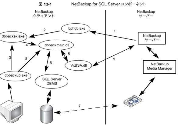 図 13-1 NetBackup for SQL Server コンポーネント NetBackup クライアント NetBackupサーバー NetBackup Media ManagerNetBackupサーバーbphdb.exedbbackex.exedbbackmain.dll SQL Server DBMSdbbackup.exe VxBSA.dll2 134856 7 9