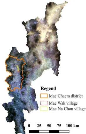 Fig. 1 Map of Chiang Mai Province with study  sites (obtained from satellite image, Landsat 8  OLI/TIRS C1 Level-1 image in March 7, 2015) 