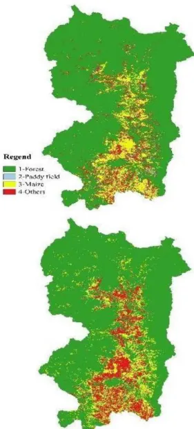 Fig. 5 Changes of land use in Mae Chaem  District, Chiang Mai Province with four  classification groups (2007: above, 2015: 
